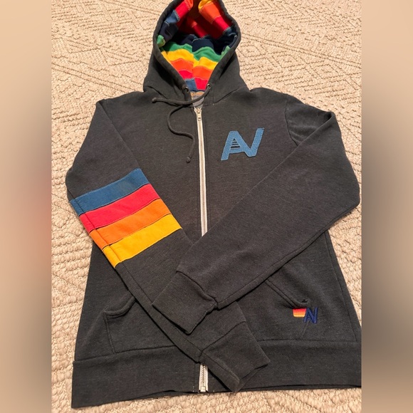 RARE ✨Aviator Nation Signature Rainbow Full Zip Hoodie Sweatshirt Charcoal XS - Picture 3 of 7